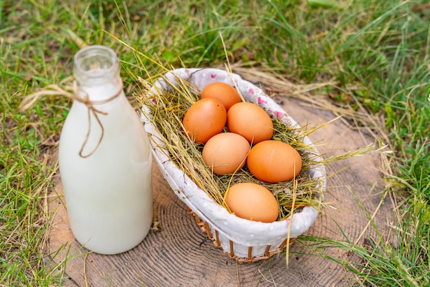 Healthy fresh dairy products of milk and eggs on the farms