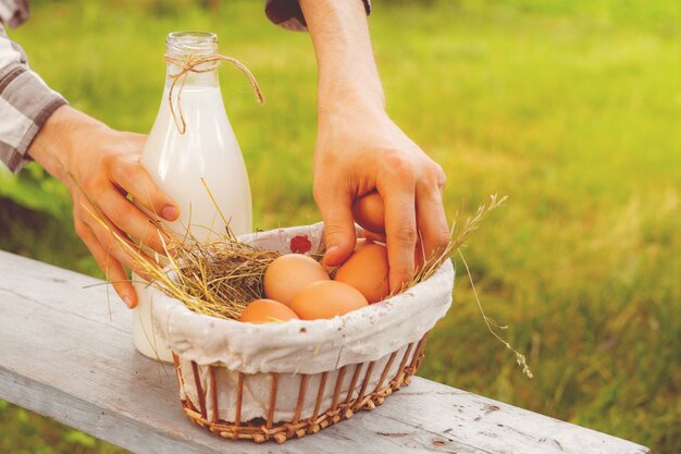 Healthy fresh dairy products of milk and eggs on the farms