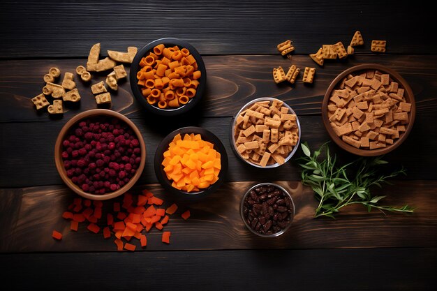 Healthy fresh pet food ingredients on dark surface