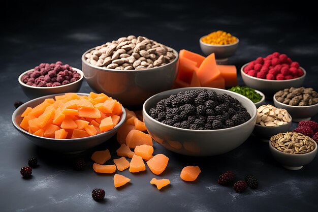 Healthy fresh pet food ingredients on dark surface