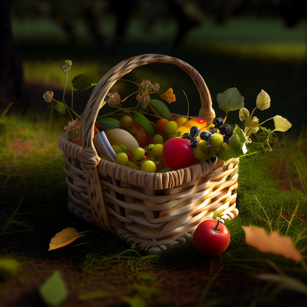 Healthy fruits in basket landscape scene generative AI