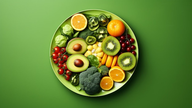 Healthy fruits vegetables on a green big plate