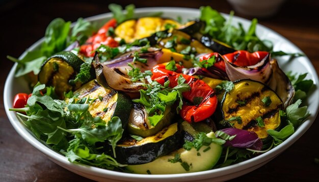 Healthy gourmet salad with grilled seafood fillet generated by AI