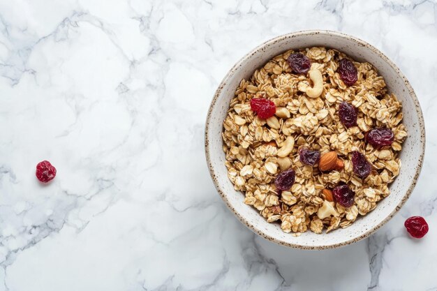 Photo healthy granola bowl nuts dried fruits marble background wellness marketing