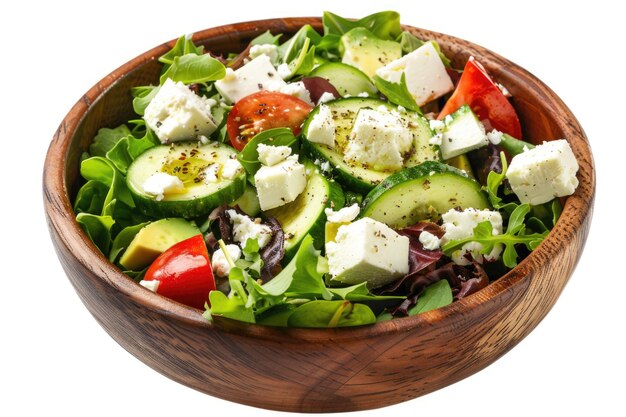 Healthy green salad with avocado feta cheese and fresh vegetables isolated on white