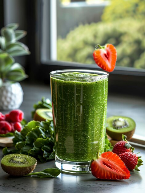 Healthy green smoothie with fresh strawberries and kiwis on a kitchen counter with natural light fro