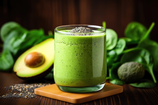 Healthy green smoothie with spinach avocado and chia seeds A healthy green smoothie with chia seeds spinach and apple is presented on a light background AI Generated