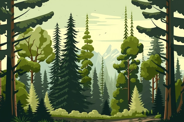 Healthy green trees can be seen in an old growth forest of spruce fir and pine trees in a national park Background information on sustainable industries healthy ecosystems and environments