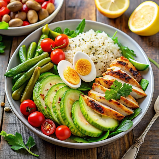 Photo healthy grilled chicken salad with avocado softboiled eggs and fresh veggies