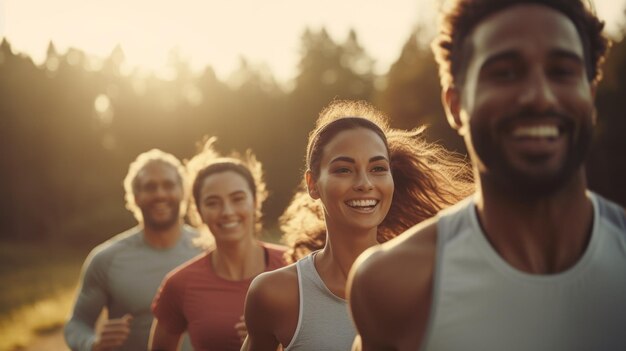 Photo healthy group of multiethnic young men and women jogging at park in morning friends running together outdoor selective focus