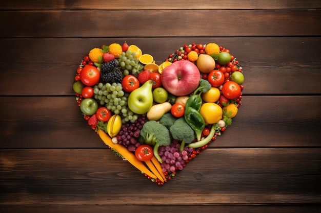 Healthy heart made of fresh fruits and vegetables on wooden background