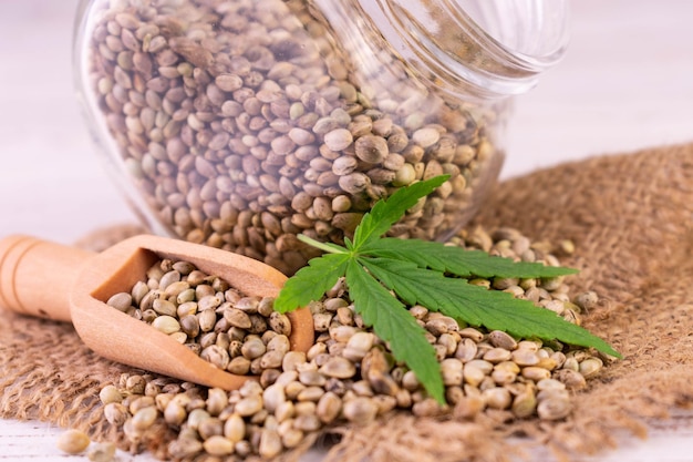 Photo healthy hemp seeds in a glass jar. cannabis.