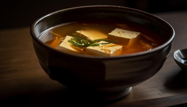 Healthy homemade miso soup in rustic bowl generated by AI