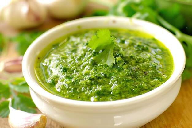 Photo healthy indian green chutney or sauce made using coriander