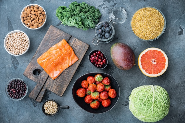 Healthy ingredients on wooden background