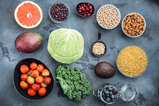 Healthy ingredients on wooden background