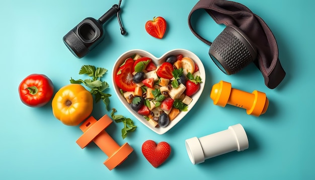 Photo healthy lifestyle concept with food in heart and sports fitness accessories isolated with white