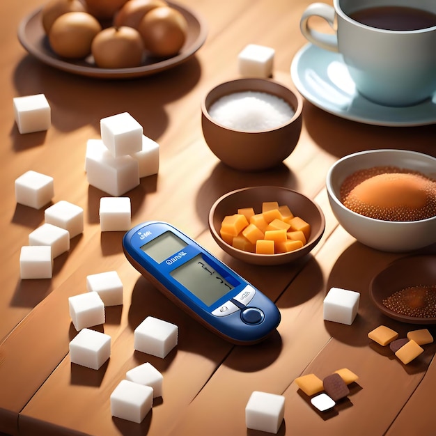 Photo healthy lifestyle for diabetics sugar cubes glucose meters strips on table