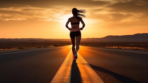 Healthy lifestyle fitness sports woman running at sunrise road AI Generated