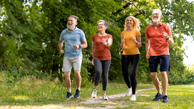 Healthy lifestyle group of senior people in sportswear jogging outdoors