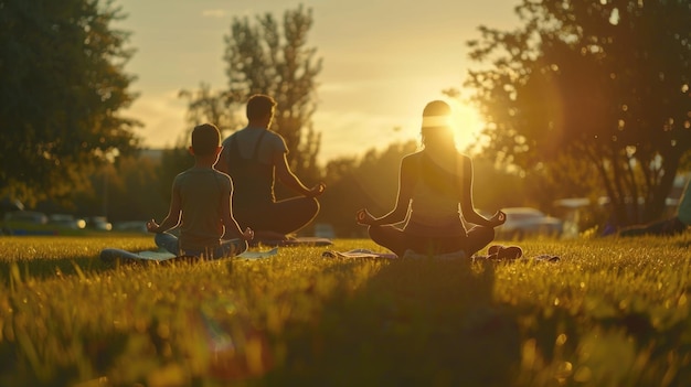 Photo healthy lifestyle a happy young family practices yoga on the green lawn in the park with the sunset visible in the background cinematic ai generative