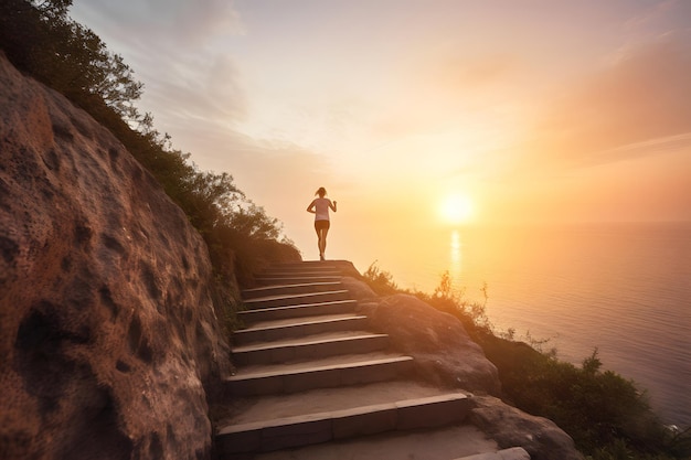 Healthy lifestyle sports woman running up on stone stairs on a cliff at sunrise Neural network generated in May 2023 Not based on any actual person scene or pattern