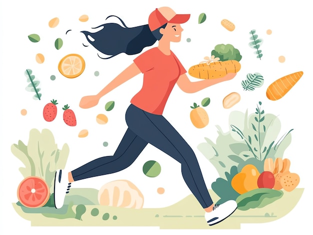 Photo healthy lifestyle woman running with fresh produce