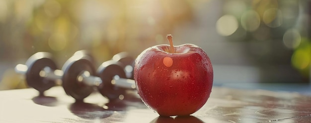 Photo healthy living representation red apple on outdoor table with dumbbells in the background