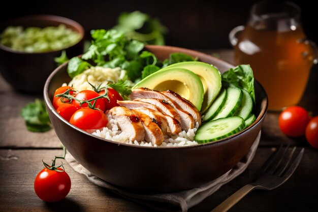 Healthy lunch bowl with rice chicken avocado tomatoes and basil Generative AI