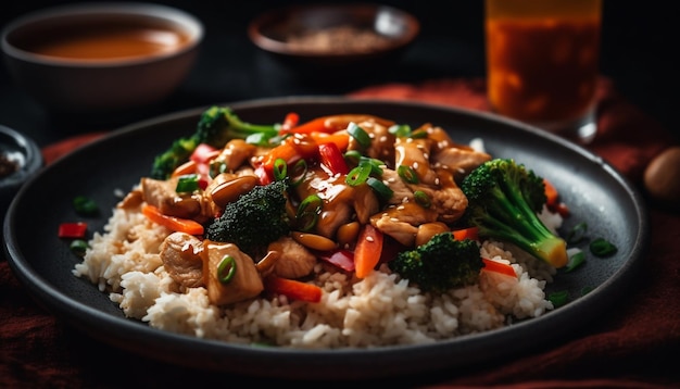 Healthy lunch plate with cooked meat and vegetables generated by AI