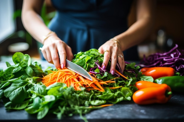 Healthy lunch preparation hand knife and fresh vegetables for nutritious salad or vegan diet