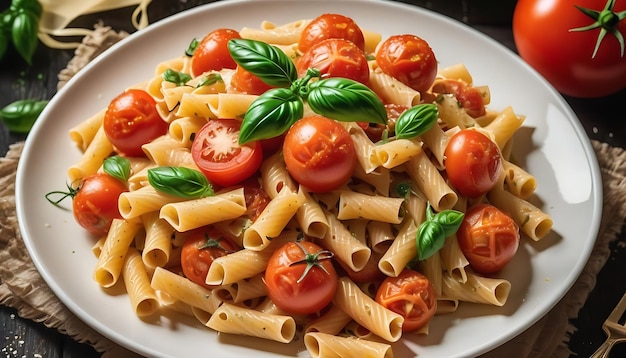 Healthy lunch vegetarian pasta with fresh tomato generated by AI wallpaper