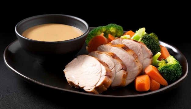 Healthy meal of grilled pork fillet and vegetable plate generated by artificial intelligence