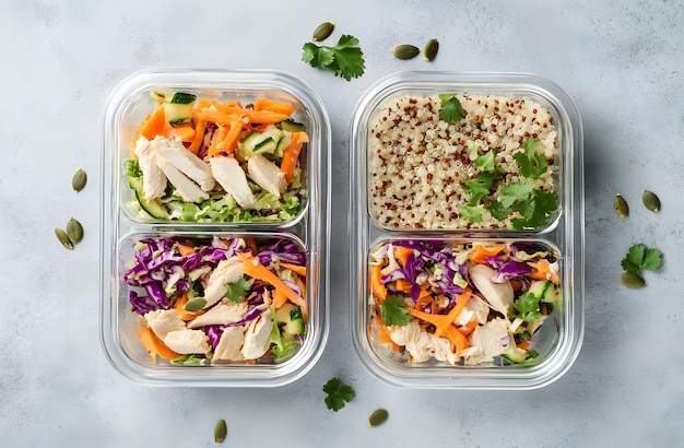 Photo healthy meal prep containers with quinoa chicken and cole slaw