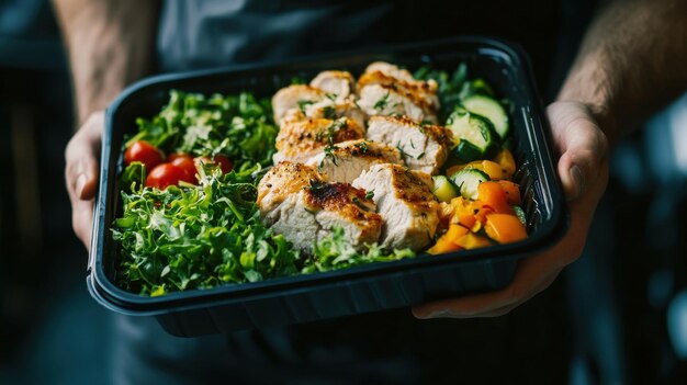 Photo healthy meal prep featuring grilled chicken and fresh vegetables in a meal container held by a person indoors