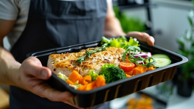 Photo healthy meal prep grilled chicken with vegetables in a black container a person holding a bl