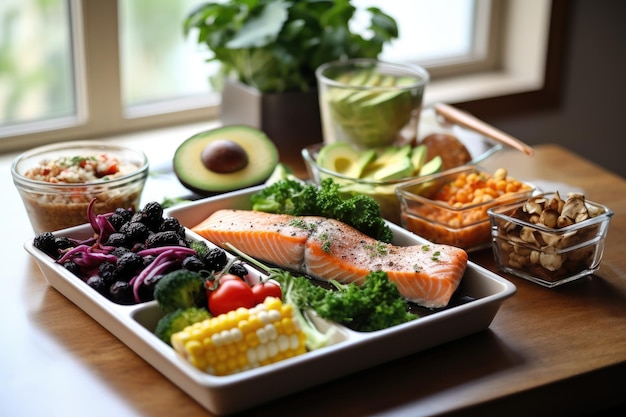 Healthy meal preparation with green vegetables and salmon