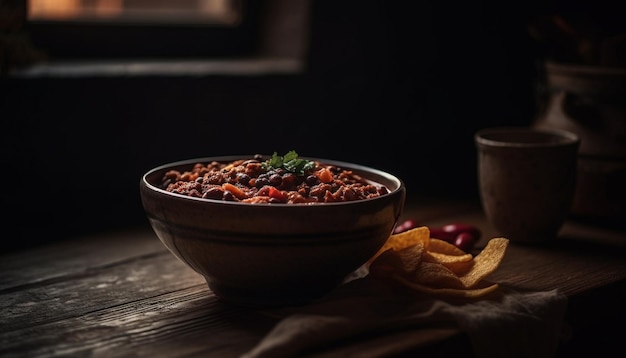 Healthy meal on rustic wooden table outdoors generated by AI