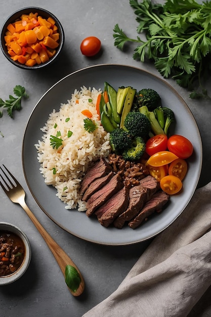 Healthy meal with beef rice and vegetables