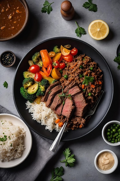 Healthy meal with beef rice and vegetables