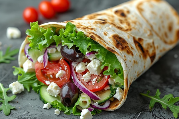 Healthy Mediterranean Greek Salad Burrito with Feta and Olives