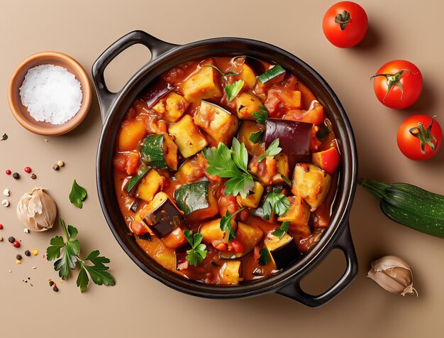 Healthy Mediterranean Stew with Eggplant and Zucchini Close Up of Pisto Dish