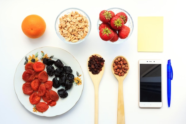 Healthy office snacks. Top view