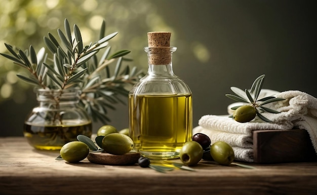 Healthy olive oil in a glass bottle