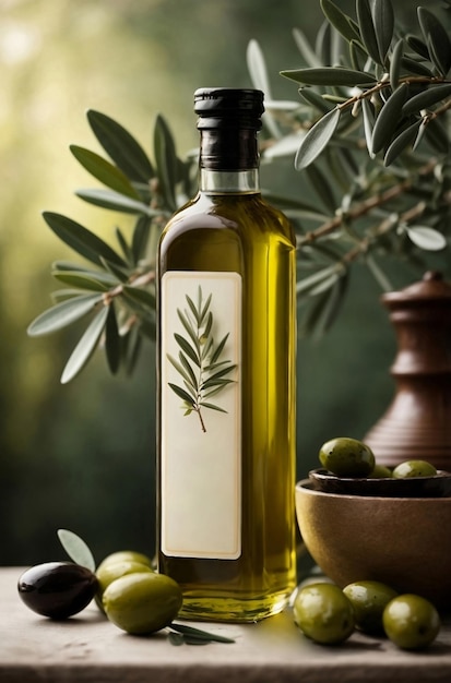 Healthy olive oil in a glass bottle