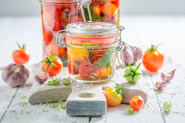 Healthy pickled tomatoes with dill horseradish and garlic