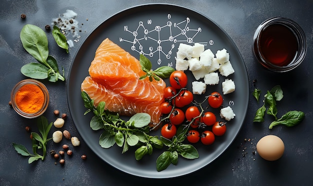 Photo healthy plate design a stylish plate of foods rich in astaxanthin arranged in a visually appealing way