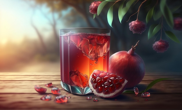 Healthy pomegranate drink in transparent glass near ripe pomegranate on wooden table with pomegranate tree background generative AI