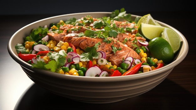 A healthy portion of tuna salad composed with corn carrots and peas is shown isolated on a white backdrop Mexican salad made with maize is called salsa de maiz