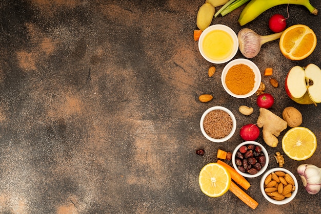 Healthy products to increase immunity. Vegetables and fruits to strengthen the immune system. Top view Copy space. Object in on the right.